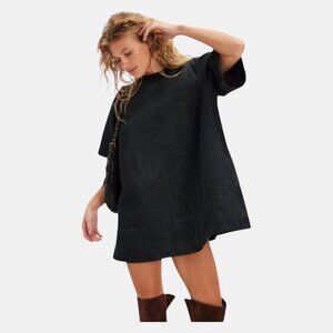 NWT FREE PEOPLE HARLOW MINI DRESS ANTHRACITE BLACK DENIM SIZE S OVERSIZED SHIFT